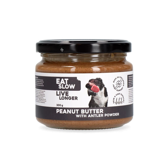 Die unwiderstehliche Erdnussbutter angereichert mit Geweihpulver für geschmeidige Gelenke.